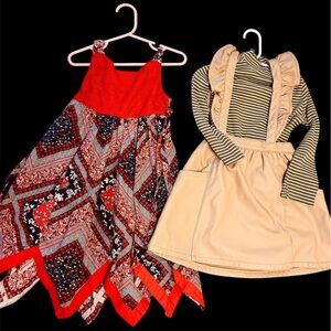 4T Red Patterned Dress & Tan Striped Outfit